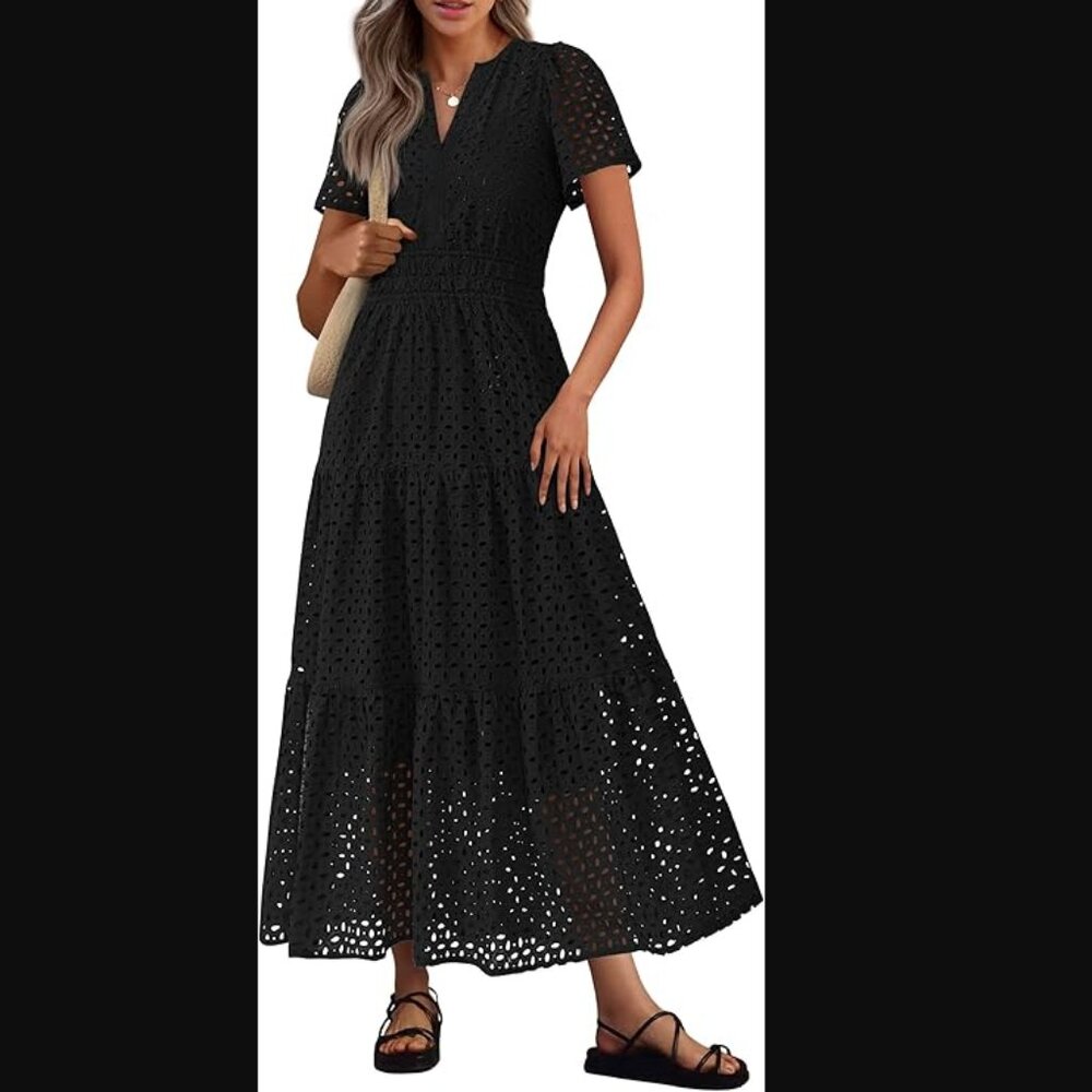 PRETTYGARDEN Womens 2026 Summer Maxi Dress Short Sleeve V Neck Hollow Out Eyelet